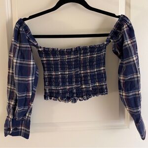 Plaid Off-Shoulder Smocked Top